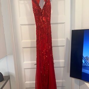 Primavera Couture Red Sequin Prom Dress